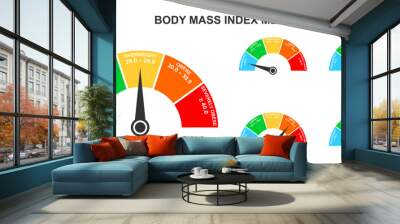 Body mass index meters. Set of infographic BMI dashboards with arrows. Weight measuring scales with underweight, normal, overweight and obese ranges. Vector flat illustration. Wall mural