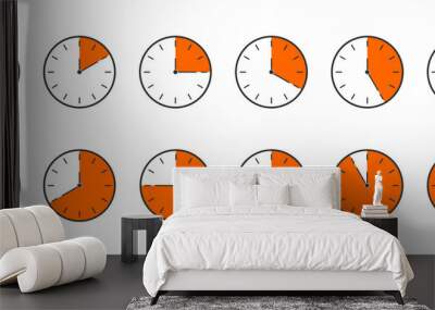 Countdown timer or stopwatch icons set. Clocks with different orange minute time intervals isolated on white background. Infographic for cooking or sport game. Vector flat illustration. Wall mural