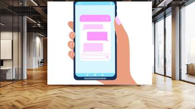 Hand holding smartphone whit chat bot window. Lifechat form with message bubbles on phone screen. Virtual assistant, mobile messenger app, online customer support concept. Vector flat illustration Wall mural