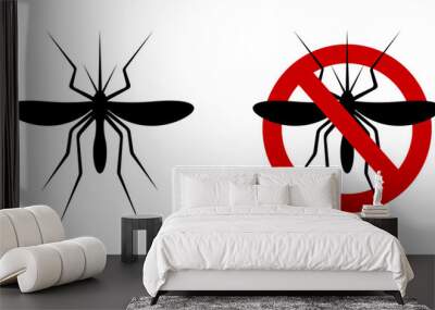 Mosquito icon and anti gnat forbidden sign for insect spray repellent isolated on white background. Warning pictograms. Stop malaria sticker. Vector flat illustration. Wall mural