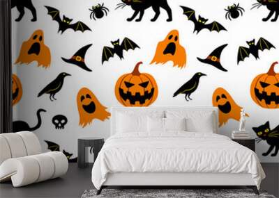 Vector seamless pattern for Halloween. Seamless background with Halloween elements: jack-o-lantern, black cat, ghosts, raven, bats, witch’s hat, skull and spider Wall mural