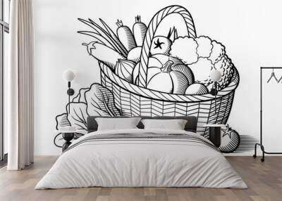 Vegetables in wicker basket. Stylized black and white vector illustration. Cabbage, pumpkin, eggplants, tomatoes, onion, carrots, broccoli, lettuce Wall mural