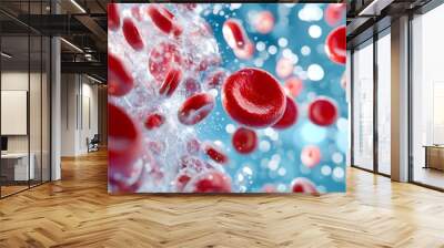 A dynamic close-up of red blood cells moving through a fluid environment, symbolizing life and vitality in the human body. Wall mural