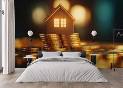 A small house model resting on a pile of coins, symbolizing investment and real estate wealth accumulation against a blurred backdrop. Wall mural