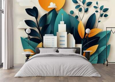 A vibrant cityscape illustration surrounded by lush foliage and a warm sun, showcasing a blend of nature and urban life. Wall mural