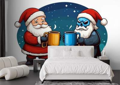 A whimsical illustration featuring Santa and a blue-skinned character with mugs, celebrating the holiday spirit under a starry night. Wall mural