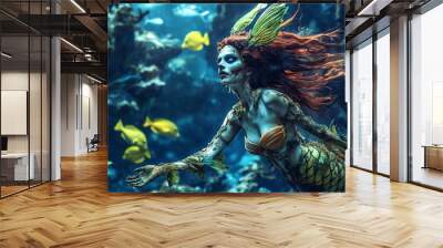 An enchanting underwater scene featuring a mermaid swimming gracefully among vibrant fish and lush aquatic plants. Wall mural