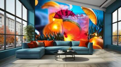 Bright and colorful template with Christmas lights and tropical cocktails, perfect for event announcements. Wall mural