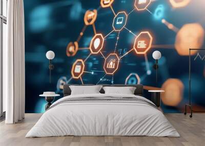 Dynamic network connection visualization with glowing links and icons representing technology and innovation concepts. Wall mural