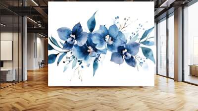 Elegant blue orchids embellished with delicate leaves, perfect for floral designs, invitations, and artistic projects. Wall mural