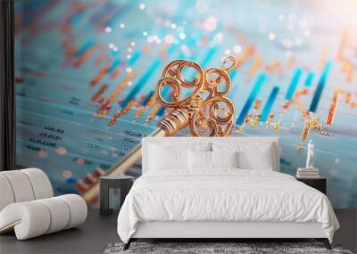 Golden key on financial chart background symbolizing business success and investment opportunities. Suitable for financial and investment concepts. Wall mural