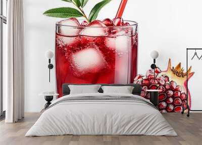 Refreshing pomegranate drink served with ice and garnished with leaves, perfect for summer or health-focused recipes. Wall mural