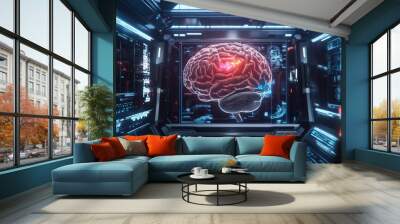 3D render of an AI brain with floating data points and futuristic holographic elements Wall mural