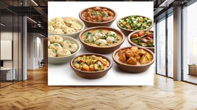 A colorful collection of traditional Indian dishes including dumplings, chicken korma curry, and mixed vegetables, presented in individual bowls against a pristine white backdrop Wall mural