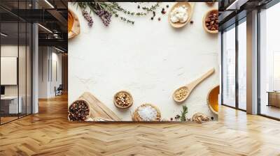 A vintage-inspired food setup with simple ingredients on a white surface Wall mural