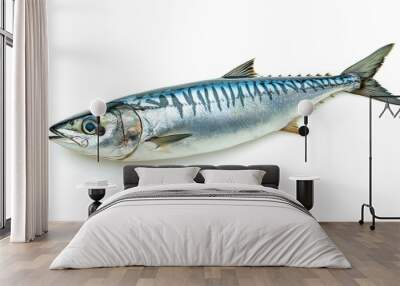 Fresh mackerel fish (Decapterus) isolated on a white background, highlighting its silver scales and streamlined body Wall mural