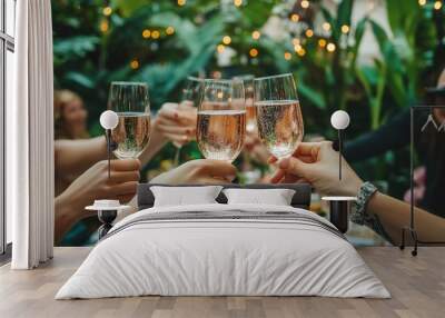 Friends raising their glasses filled with sparkling ros wine, enjoying a summer office party in a lush outdoor setting, with greenery and festive decorations in the background Wall mural