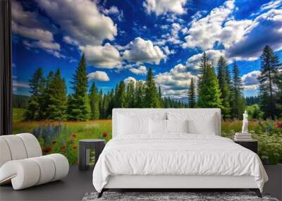 A bright blue sky with fluffy white clouds floats above a green forest filled with tall trees and vibrant wildflowers, forest landscape, cloud formations, nature photography, natural scenery Wall mural