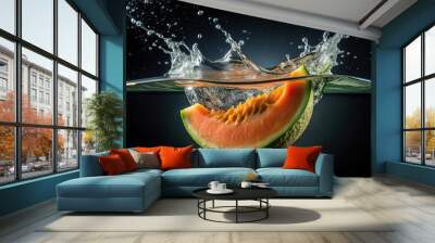 Fresh melon falling into water with splash on black background, wide-angle view Wall mural