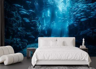 A blue ocean with fish swimming in it Wall mural