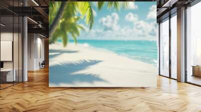 A dreamy travel landscape featuring a tropical beach with palm trees, white sand, and turquoise waters.  Wall mural