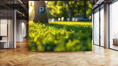 A green sign with the letters PA on it is sitting in a grassy field Wall mural