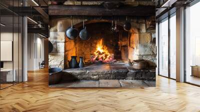 A historical kitchen with a cast iron kettle hanging over an open fire in a stone fireplace Wall mural