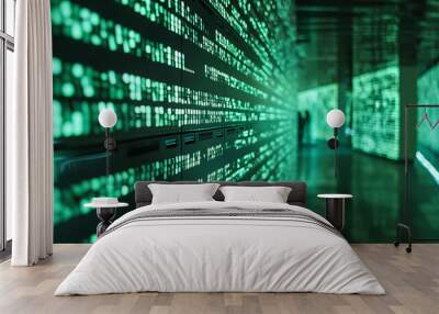 A long, narrow room with a green wall of computer code Wall mural