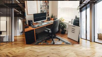 A modern, well-designed home office with a clear focus on productivity tools, a vision board, and a motivational quote about self-mastery.  Wall mural