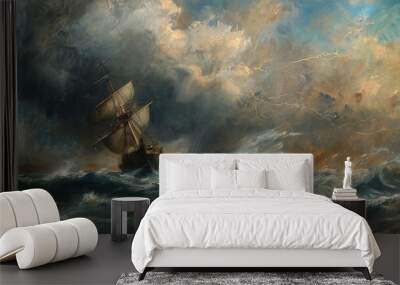 A painting of a ship in a stormy sea Wall mural