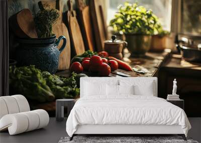 A real-life still life image of a vintage kitchen scene, showcasing well-worn kitchen tools, antique crockery, and fresh vegetables on a wooden counter Wall mural