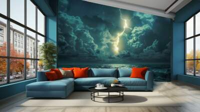 A stormy ocean with a lightning bolt in the sky Wall mural