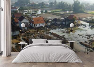 An aerial view of a coastal village submerged by a tsunami. Wall mural