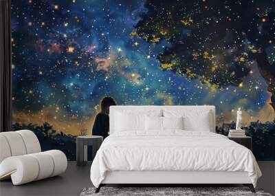 Boy reading under a starry night sky, perfect for fantasy and education themed designs Wall mural