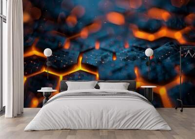 Close-up of an abstract geometric honeycomb pattern with glowing orange lights Wall mural