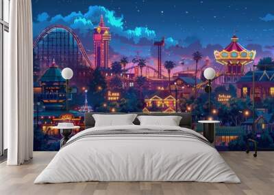 Luminous neon lights of an isometric amusement park in a mystical mountain setting Wall mural