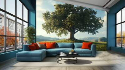 Massive oak tree in a peaceful meadow Wall mural