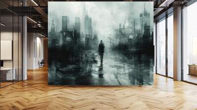 Mysterious abstract cityscape depicting a lone figure walking among blurred skyscrapers Wall mural