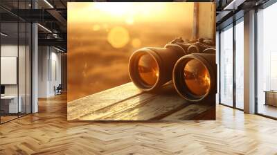 Old antique binoculars in front of window  Wall mural