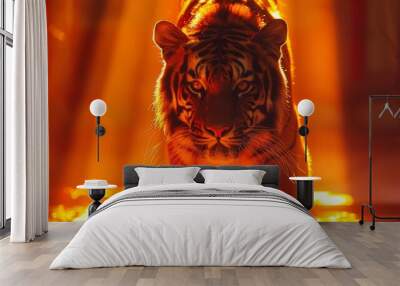 Stunning silhouette of a tiger against a vibrant orange backdrop, capturing the essence of wildlife and natural beauty Wall mural