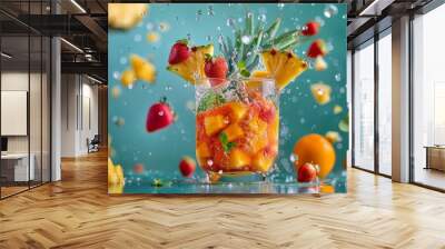 Summery pineapple and strawberry cocktail with a splash Wall mural