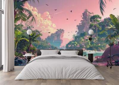 Tropical island paradise with monkeys and pink sunset for travel or vacation themed designs Wall mural