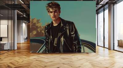 Young man in a leather jacket leaning on a classic car Wall mural