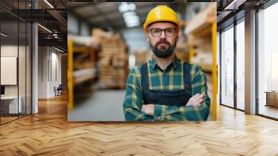 A confident male worker wearing a yellow safety helmet and glasses, standing with arms crossed in a lumber warehouse. Shelves filled with wooden materials in the background. Wall mural