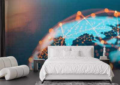 A digital representation of Earth's network connections with glowing lines and nodes, symbolizing global communication and technology. Wall mural