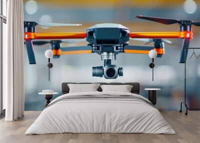 A high-tech drone equipped with a camera hovering in an industrial setting, showcasing modern technology and innovation in aerial surveillance. Wall mural