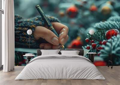 A person writing a letter to Santa on a snowy Christmas background Wall mural