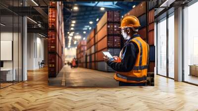 A professional male employee wearing a hard hat checks stock and inventory with a digital tablet computer in a retail warehouse filled with shelves with merchandise, working in logistics. Wall mural