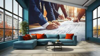 A team of engineers and architects meetings discussions design, planning, and measurement of building layouts in the construction area. Construction and structural concepts of Engineer or Architect Wall mural