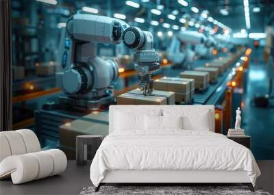 Advanced robotic arms automating the packaging line in a modern factory, showcasing industrial technology and efficiency in manufacturing. Wall mural